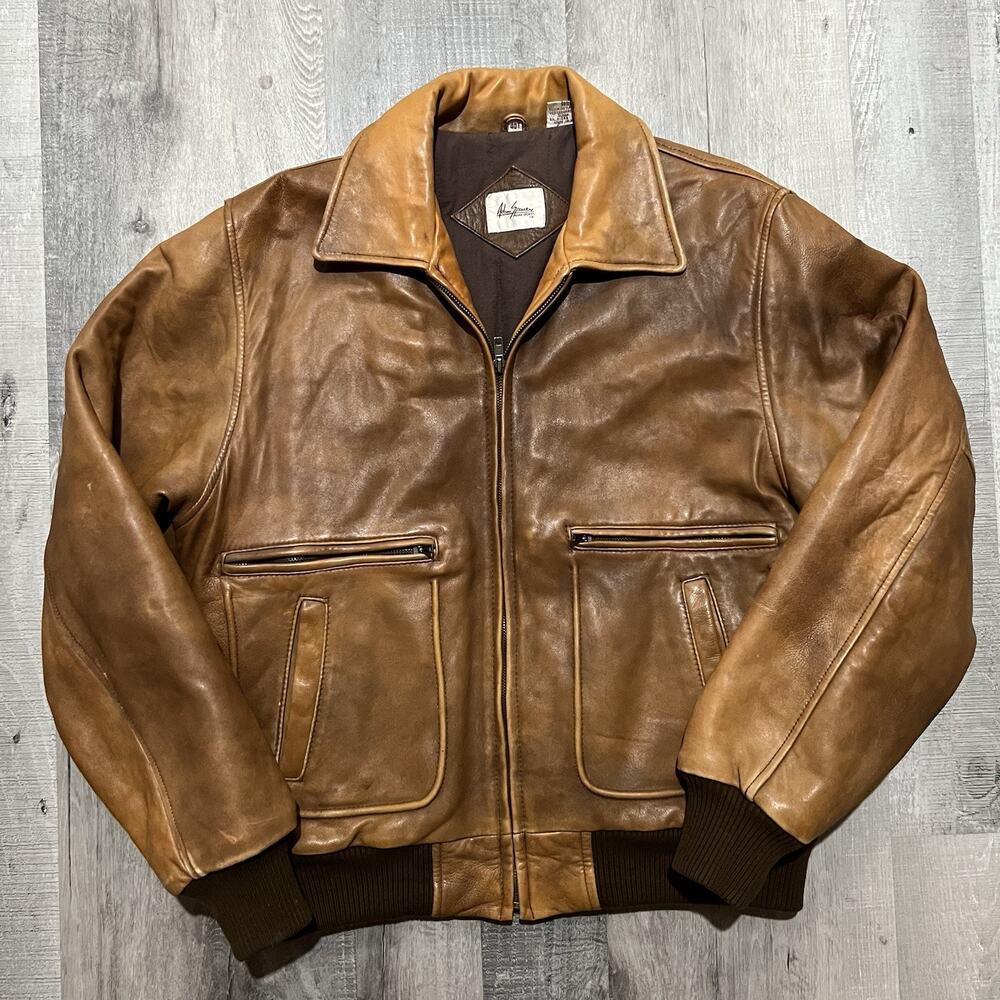 Vintage 80s Adam Spencer Cognac Brown Soft Leather Mens Aviator Bomber Jacket 40